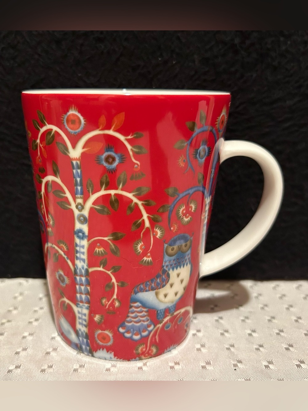 Vintage Iittala Klaus Haapaniemi Owl Peacock Red Coffee Tea Cup Mug